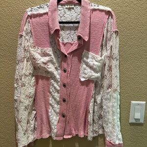 POL Pink and White Lace Cardigan
